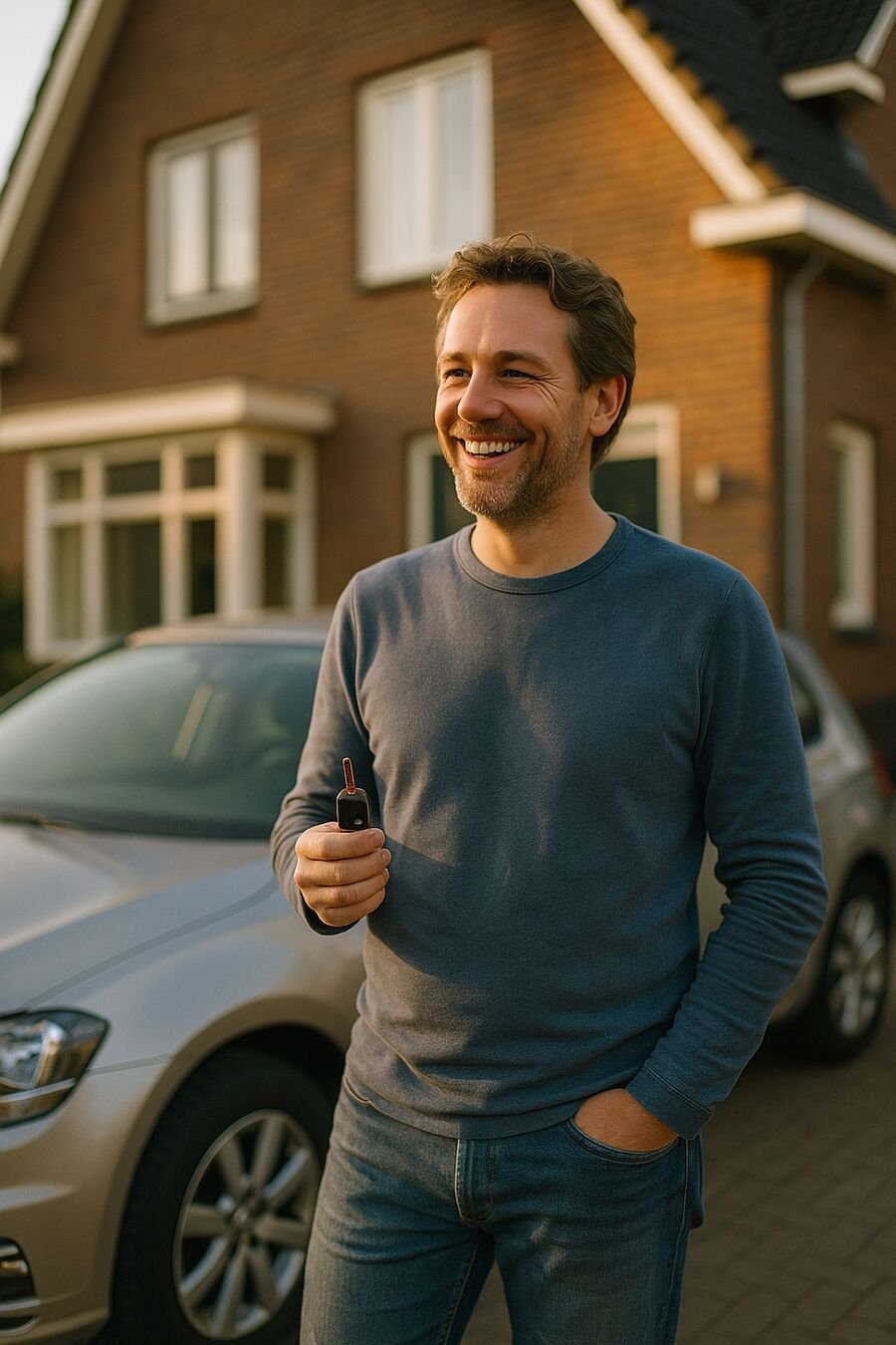 Tevreden verkoper met de sleutel van zijn verkochte auto voor zijn huis